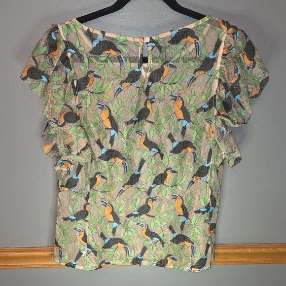 Multicolor Sheer Blouse with Birds & Leaves Print - Picture 2 of 5